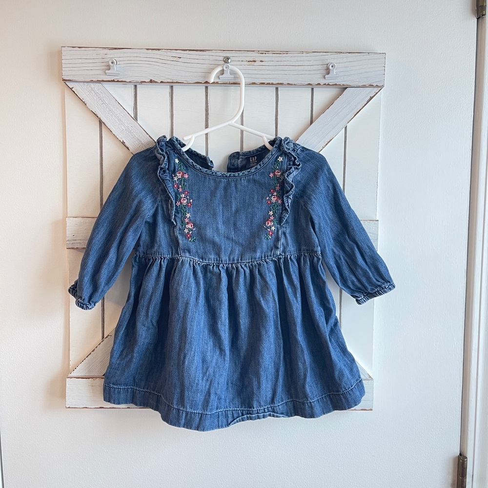 Baby Gap Blue Denim Baby Dress/Shirt with Floral Embroidery